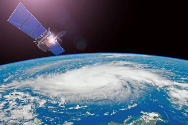 Research, probing, monitoring hurricane. Satellite above the Earth makes measurements of the weather parameters. Elements of this image furnished by NASA. Research, probing, monitoring hurricane. Satellite above the Earth makes measurements of the weather parameters. Elements of this image furnished by NASA typhoon satellite stock pictures, royalty-free photos & images