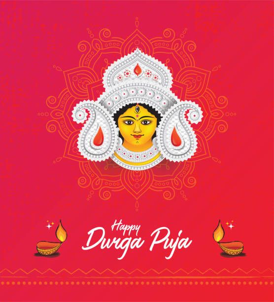 urga Puja Festival Background Template Indian Religion Durga Puja Festival Background Template Design with Goddess Durga Face Illustration durga stock illustrations
