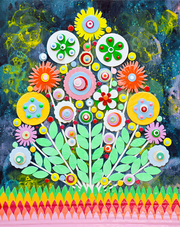 Flowers, original floral bouquet art composition. Unique artist technique painting. Acrylic on canvas. For various needs in design, card or print poster composition made of paint layers, die cut and scissors, abstract background painting. 3d embossing and carving.