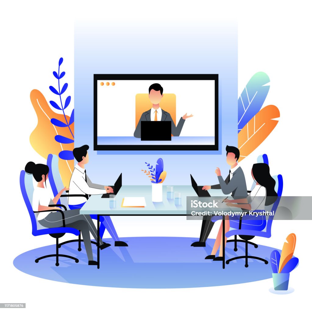 Group Of Businesspeople At The Video Conference Call Vector Flat Cartoon  Illustration Online Meeting With Director Stock Illustration - Download  Image Now - iStock