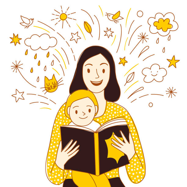 illustrazioni stock, clip art, cartoni animati e icone di tendenza di madre e figlio che leggono un libro insieme illustrazione dei cartoni animati. - child book reading offspring