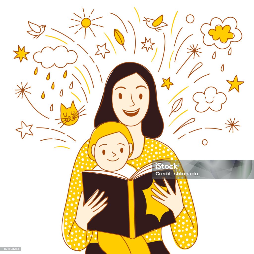 Mother And Child Reading A Book Together Cartoon Illustration Stock  Illustration - Download Image Now - iStock