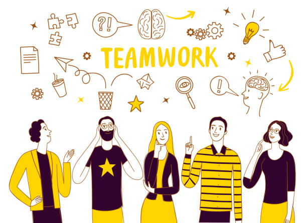 Brainstorm and teamwork doodle illustration with people People talking and thinking together. Including doodle elements. Brainstorm and teamwork doodle illustration for your design. friends laughing stock illustrations