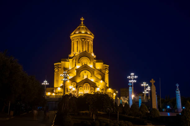 Famous Orthodox Holy Trinitiy Sameba church illuminated with golden light. Religion.