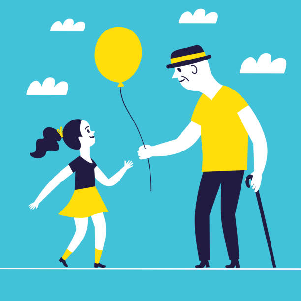 ilustrações de stock, clip art, desenhos animados e ícones de cartoon grandfarher gives to a girl big balloon. - grandparent grandfather humor grandchild