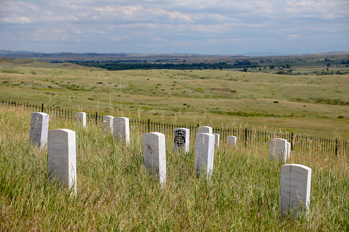 Grave markers where cavalry solders fell at the Little Bighorn National Battlefield Monument, Montana July 26, 2018