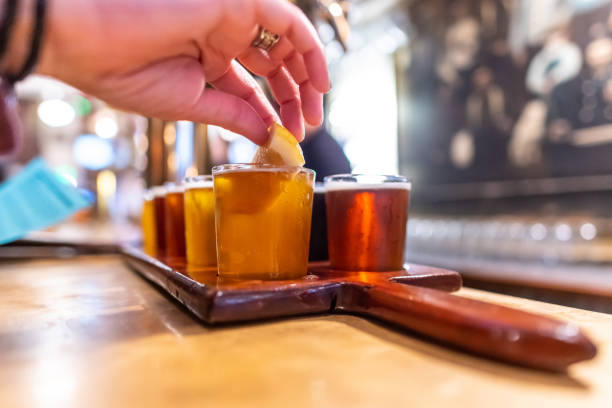 Assorted beers sample tasting at a brewery counter