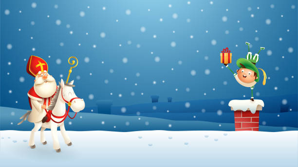 세인트 니콜라스 sinterklaas와 그의 동반자는 굴뚝 아래로 선물을 넣어 - 푸른 겨울 밤 장면 - santa claus christmas cartoon traditional culture stock illustrations
