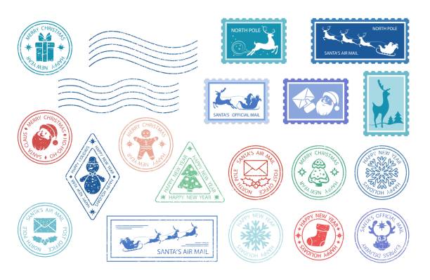ilustrações, clipart, desenhos animados e ícones de selo do feliz natal - selo postal