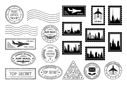 Postal stamps and postmarks. Set of various postmarks and postage stamps with city silhouettes. Air mail, top secret, express delivery, post office.  Santa's Air Mail.  Isolation. Vector illustration