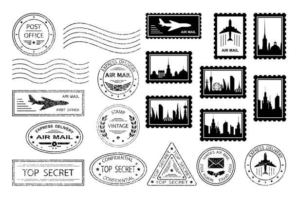 Postal stamps and postmarks Postal stamps and postmarks. Set of various postmarks and postage stamps with city silhouettes. Air mail, top secret, express delivery, post office.  Santa's Air Mail.  Isolation. Vector illustration post office stock illustrations
