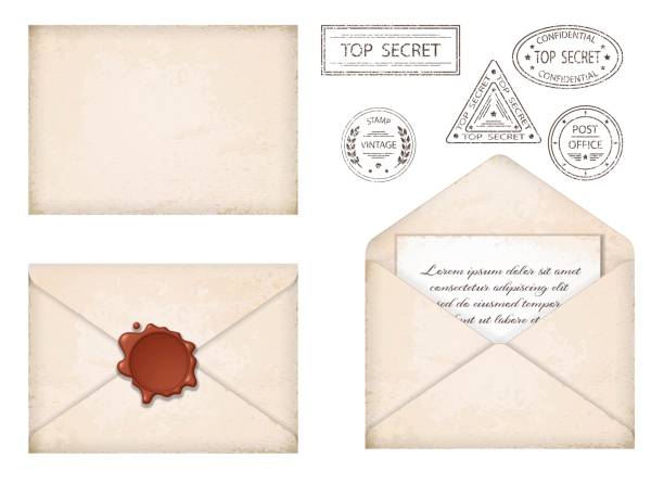 Vintage envelope. Letter with wax seal and stamps. Old grunge paper, stamps top secret. Old mail delivery. Retro style. Isolated. Vector illustration