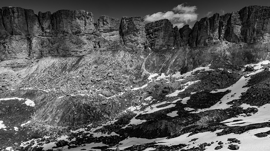 Black and white landscape photo of the dolomites (Puez-Geisler-Naturpark). South Tyrol, Italy. June 2019