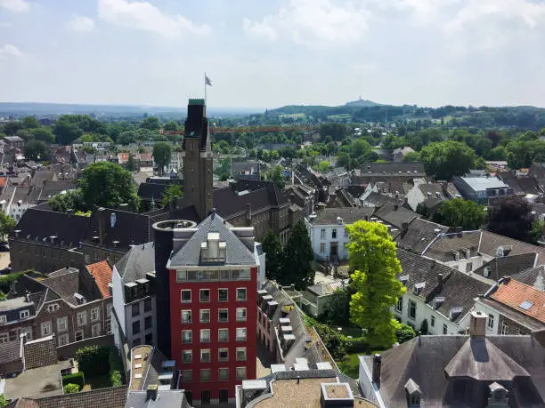 Aerial view from Sint Janskerk tower (St.John Church) on the cityscape of Maastricht, The Netherlands
