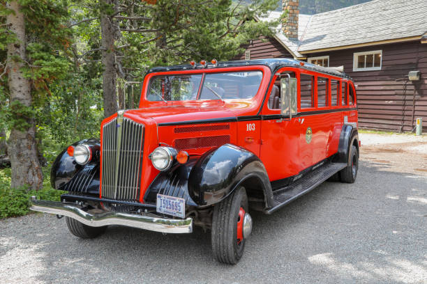 red tour bus in glacier national park - us glacier national park montana bus park imagens e fotografias de stock