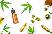 Various Cannabis products, CBD THC oils, pills, paste, gel lotion flower buds isolated