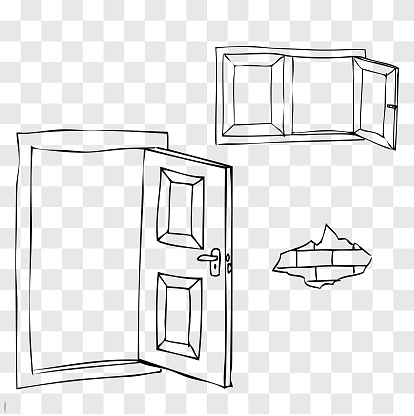 simple sketch of opened door, window and brick at fake transparent background