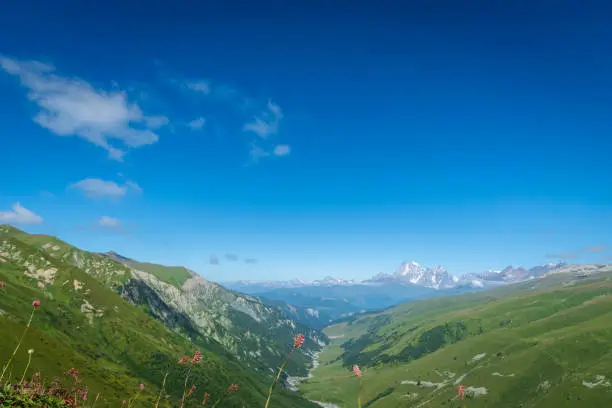 Photo of Svaneti landscape with glacier and snow-capped mountain in the back near Mestia