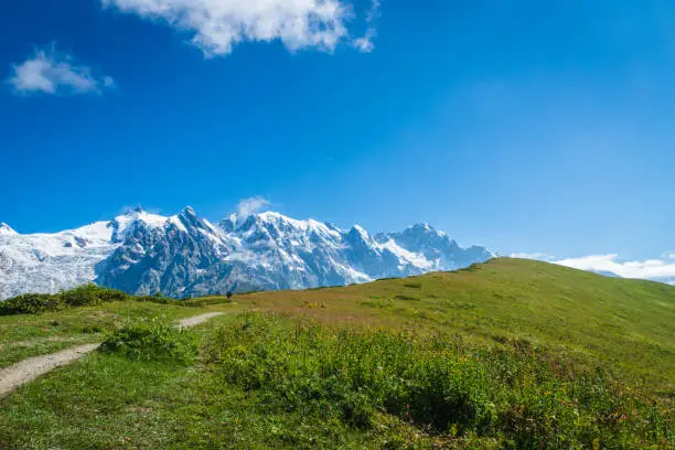 Photo of Svaneti landscape with glacier and snow-capped mountain in the back near Mestia