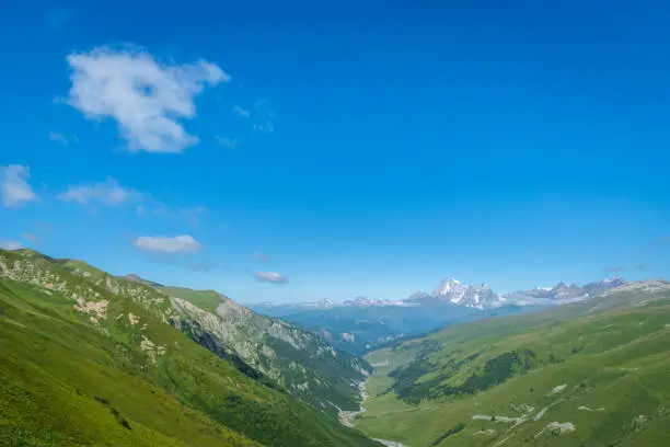 Photo of Svaneti landscape with glacier and snow-capped mountain in the back near Mestia