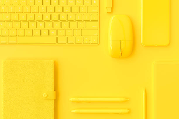 Business background  and minimal idea concept. notebook, smartphone, keyboard, tablet with pen yellow color and mouse on desk in office. 3D Render.