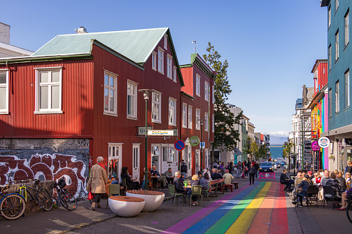 Reykjavik, Iceland - August 09, 2019: The Klapparstigur street with the pride gay painted rainbow colors in Iceland.