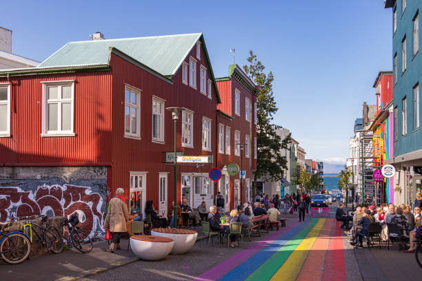 The Klapparstigur street with the pride gay painted rainbow colors in Iceland. stock photo