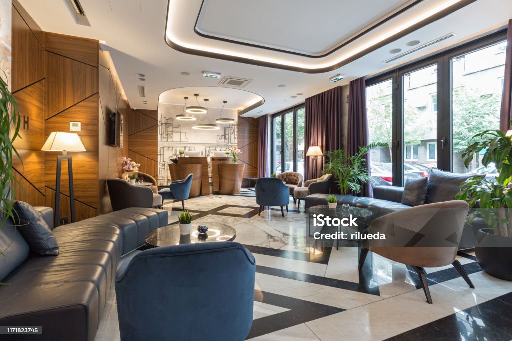 Das Innere einer modernen Luxus-Hotelrezeption - Lizenzfrei Hotel Stock-Foto