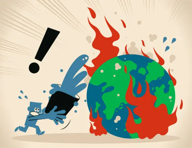 Vector illustration of Blue man pouring bucket of water to extinguish forest fire on Earth