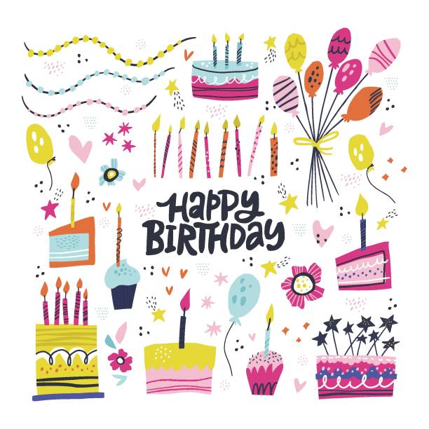 Birthday party hand drawn illustrations set Birthday party hand drawn illustrations set. Greeting card, invitation design elements. Handwritten lettering. B-day cakes with candles, balloons. Holiday celebration, party decoration, accessories easter cake stock illustrations