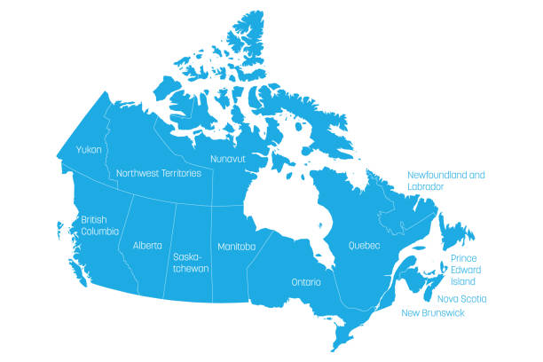 ilustrações de stock, clip art, desenhos animados e ícones de map of canada divided into 10 provinces and 3 territories. administrative regions of canada. blue map with labels. vector illustration - alberta map canada province