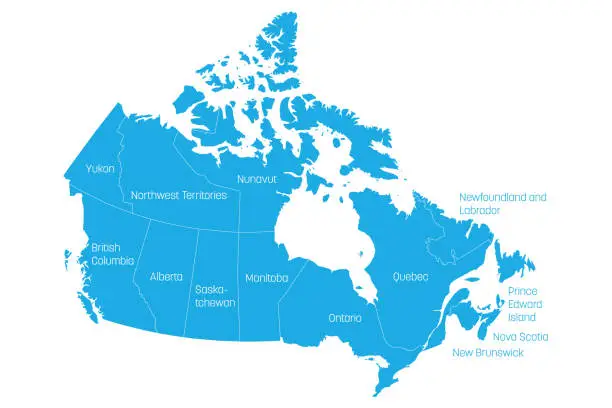 Vector illustration of Map of Canada divided into 10 provinces and 3 territories. Administrative regions of Canada. Blue map with labels. Vector illustration