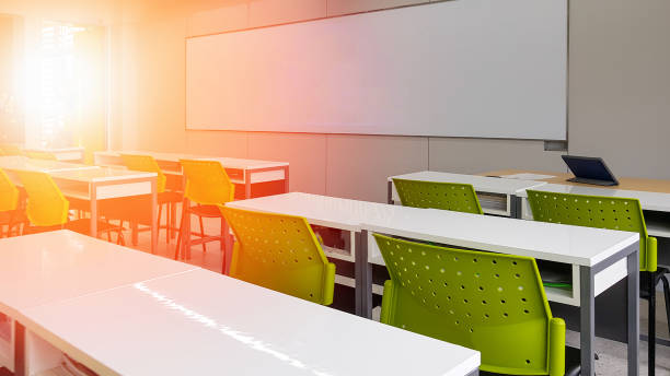 istock School classroom background without young student; View of elementary class room no kid or teacher with chairs and tables in campus. 1171825081
