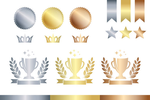 illustrations, cliparts, dessins animés et icônes de éléments de décoration de récompense. coupe des champions d'or, d'argent et de bronze, médailles et étoiles. - medal ribbon incentive award