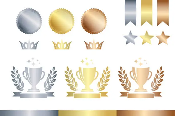 Vector illustration of Award decoration elements. Gold, silver and bronze champion cup, medals and stars.