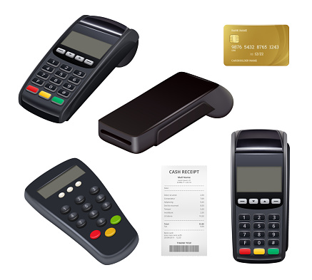 Payment terminal. Closeup money receipt credit card machine for distance payments mobile nfc finance retail banking tools vector