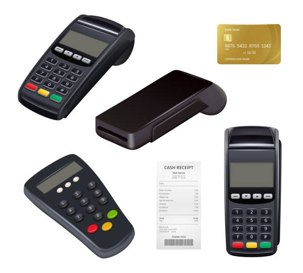 Payment terminal. Closeup money receipt credit card machine for distance payments mobile nfc finance retail banking tools vector Payment terminal. Closeup money receipt credit card machine for distance payments mobile nfc finance retail banking tools vector. Receipt pos terminal, machine paying card illustration point of sale stock illustrations