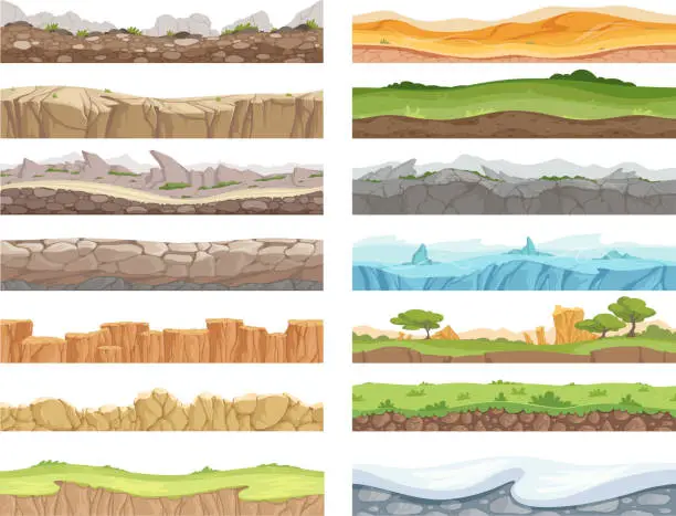Vector illustration of Game seamless ground. Cartoon rock dirt landscape stone ground asset 2d floor vector background
