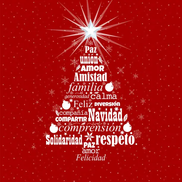 Vector illustration of Greeting card with white words in Spanish language forming a Christmas tree with a bright star on the tip on a red background with white stars. Word Cloud design