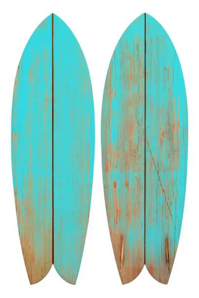 Vintage wood fish board surfboard isolated on white with clipping path for object, retro styles.