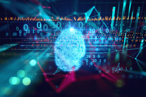 scansione delle impronte digitali sulla tecnologia blu illustrazione - biometrics accessibility control fingerprint foto e immagini stock