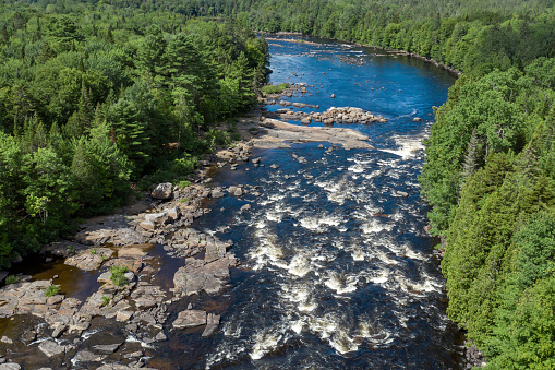 Aerial View of Boreal Nature Forest in Summer, Jacques-Cartier River, Quebec, Canada
