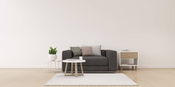 istock Perspective of modern luxury living room with grey sofa and side table on colour wall background, Minimal. - 3D rendering. 1171846764