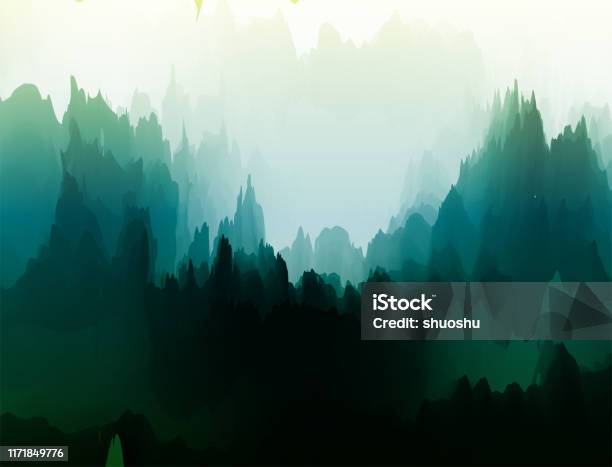 Watercolor Nature Landscape Poster For Design Stock Illustration - Download Image Now - Abstract, Nature, Mountain