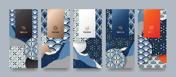 Vector illustration of Vector set packaging templates japanese of nature luxury or premium products.logo design with trendy linear style.voucher, flyer, brochure.Menu book cover japan style vector illustration.