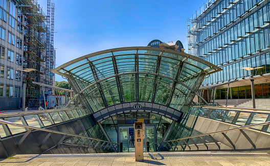 Brussels, Belgium, June 2019, Entrance of the Brussels Luxembourg railway station on the Espace Leopold or Leopold Square in the European quarter of Brussels