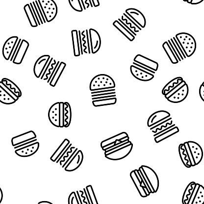 Delicious Burger Seamless Pattern Vector Contour Illustration