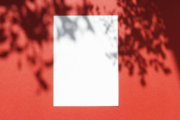 istock Empty white blank mockup with soft floral shadows on dark red background. Flat lay, top view. copy space 1171856488