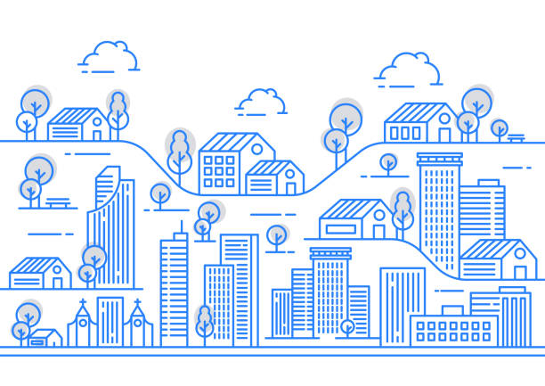얇은 선 스타일 로 다양한 건물 모양이 있는 도시 뷰 일러스트레이션 - 도시 일러스트 stock illustrations