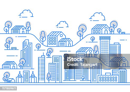 istock City view illustration with a variety of building shapes with thin line styles 1171859611